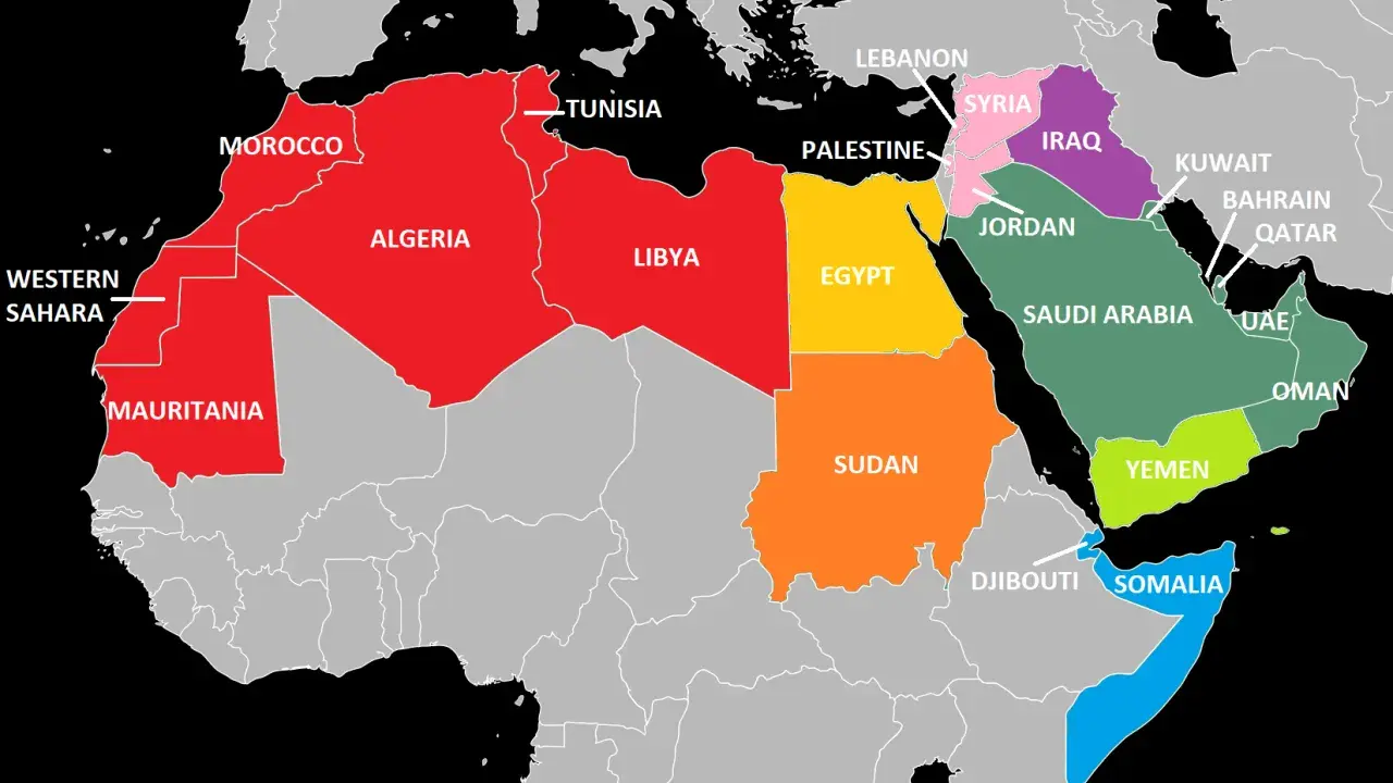 Karte zeigt Länder Nordafrikas und des Nahen Ostens, darunter Marokko, Algerien und andere arabische Staaten.