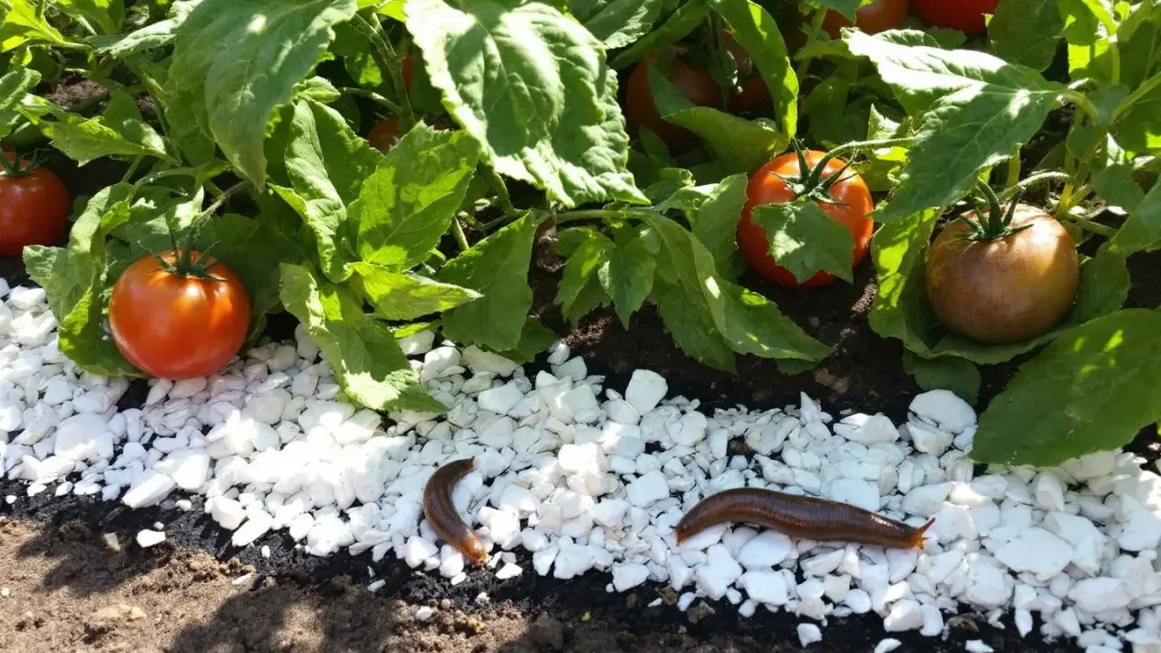 Des limaces rampent sur des cailloux blancs près de plants de tomates. Une astuce pour savoir comment éloigner les limaces : la gravier peut les dissuader.