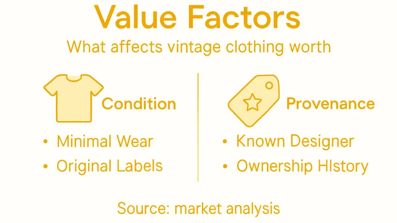 Value factors for vintage clothing: condition (minimal wear, original labels) and provenance (known designer, ownership history).