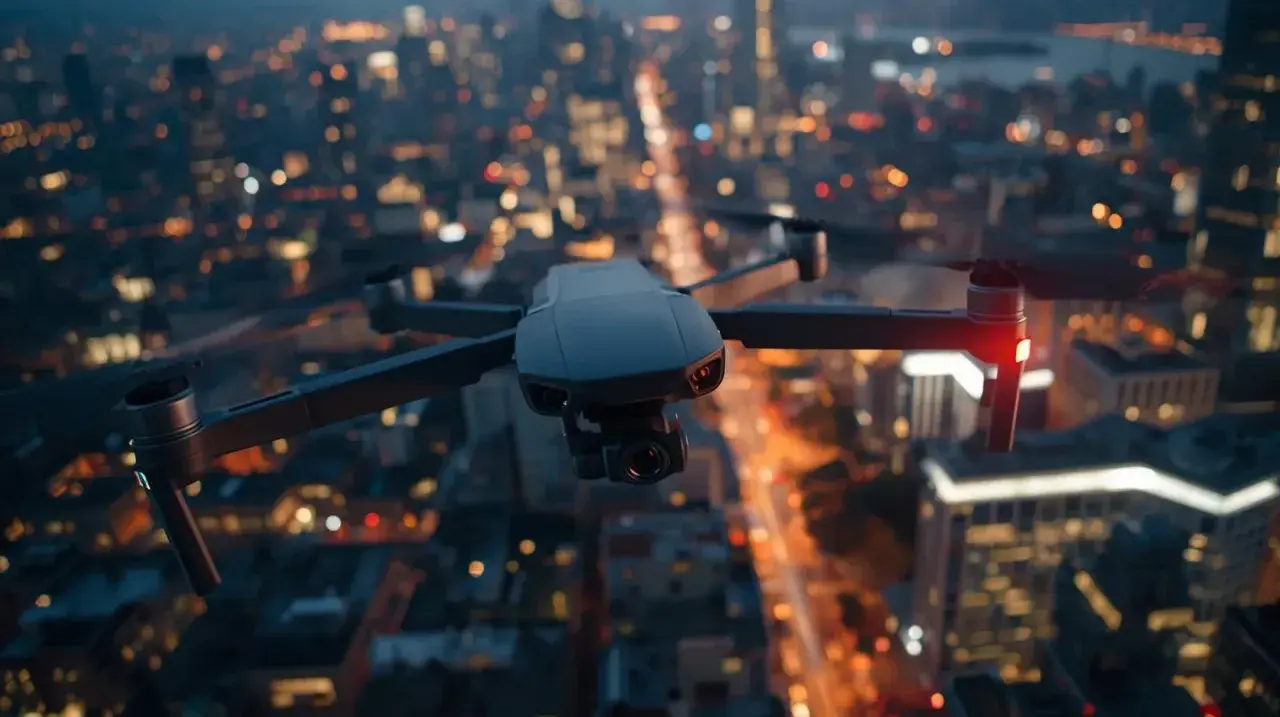 Dron unosi się nad nocnym miastem, tworząc niesamowite filmy z drona. Rozświetlone wieżowce i ulice tworzą magiczną scenerię.