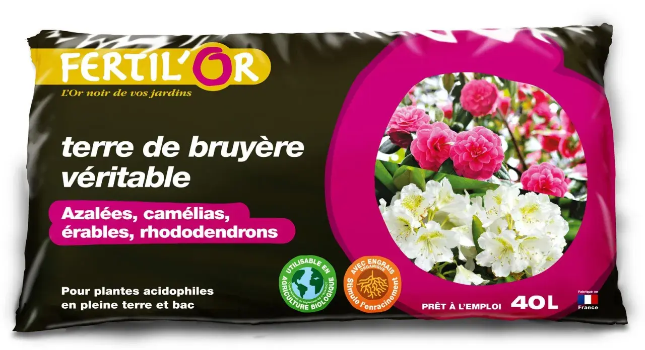 Sac de terre de bruyère Fertilor pour rhododendrons, camélias et azalées. Idéal pour plantes acidophiles.