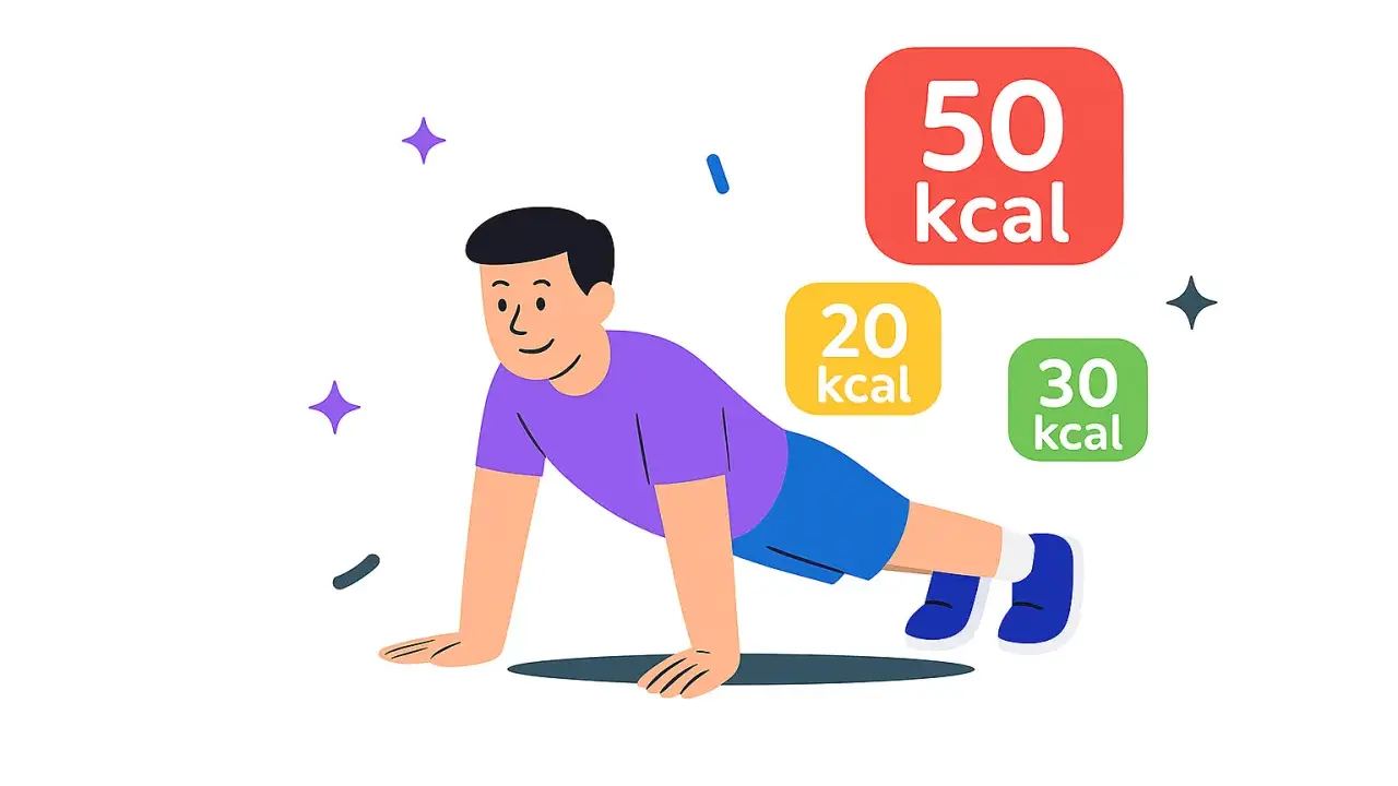 Uśmiechnięty mężczyzna robi pompki. Obok niego pojawiają się kolorowe etykiety z liczbą spalonych kalorii: 50, 20 i 30 kcal. Ile kcal spalisz, robiąc 10 pompek?