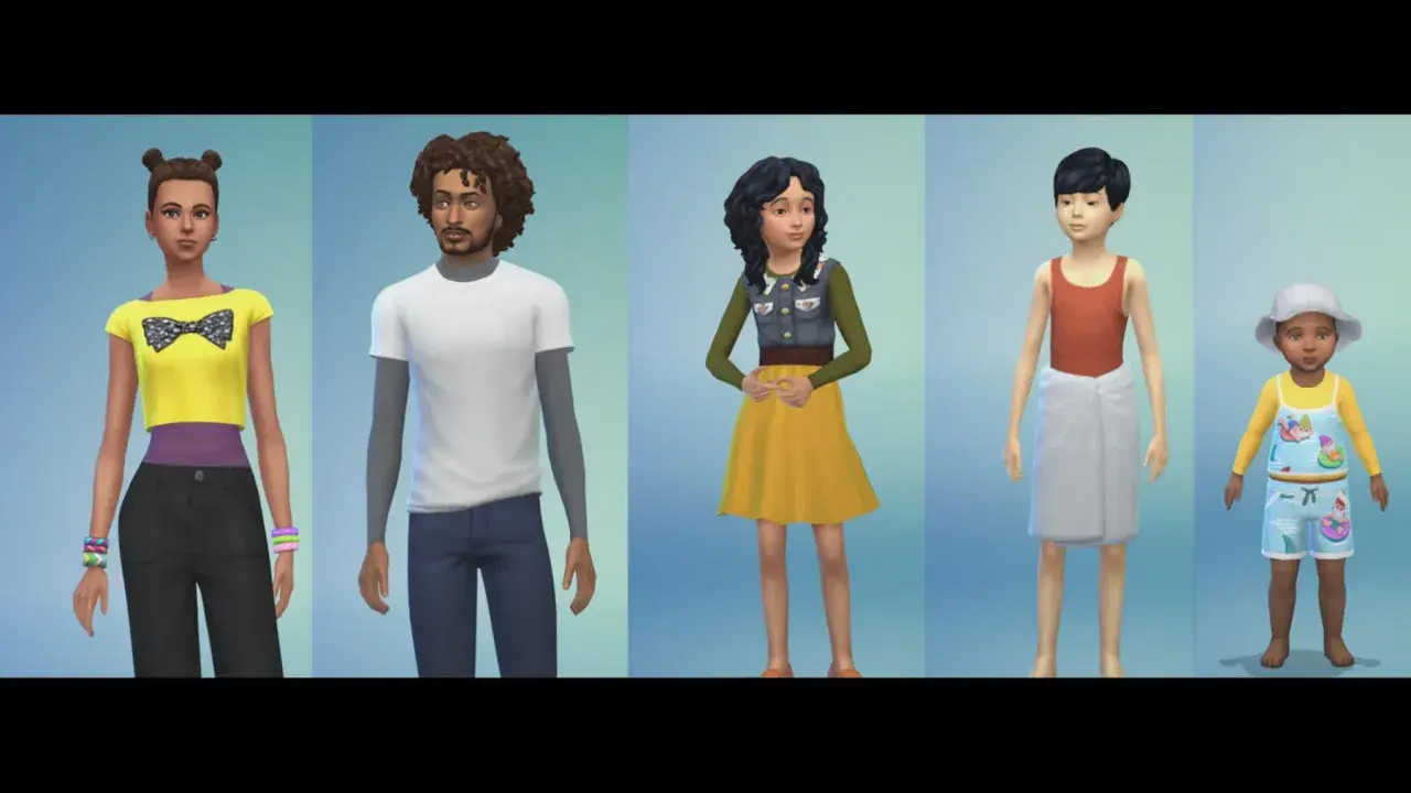 Mody dla dzieci The Sims 4: dziewczynka w żółtej bluzce, chłopak w białej koszulce, nastolatka w kamizelce i żółtej sukience, chłopiec w ręczniku i maluch w stroju kąpielowym.