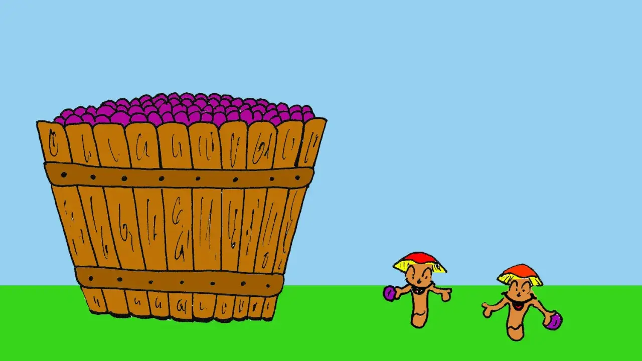 Disegni da colorare: vendemmia dall'uva al vino. Un cesto pieno d'uva e due simpatici personaggi con cappelli rossi e gialli.