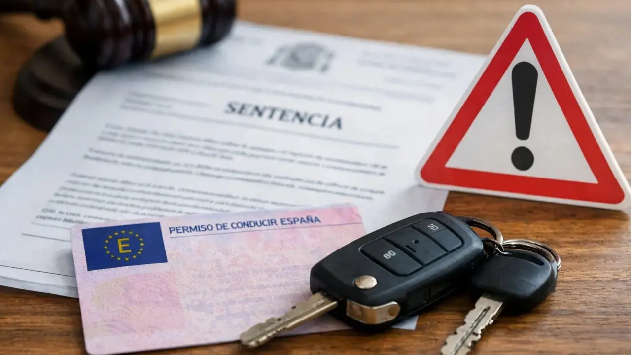 Sentencia judicial, carnet de conducir, llaves y señal de advertencia.