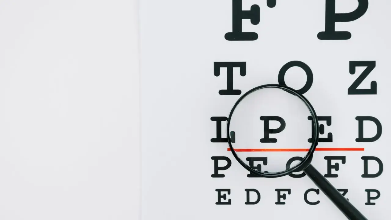 Tablica optometryczna z lupą, która powiększa literę "P". Może to symbolizować problemy ze wzrokiem, jak astygmatyzm nabyty.