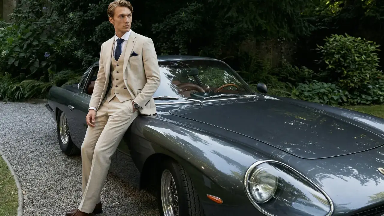 A man in a light-colored suit, perfect for mens summer cocktail attire, leans against a vintage car.