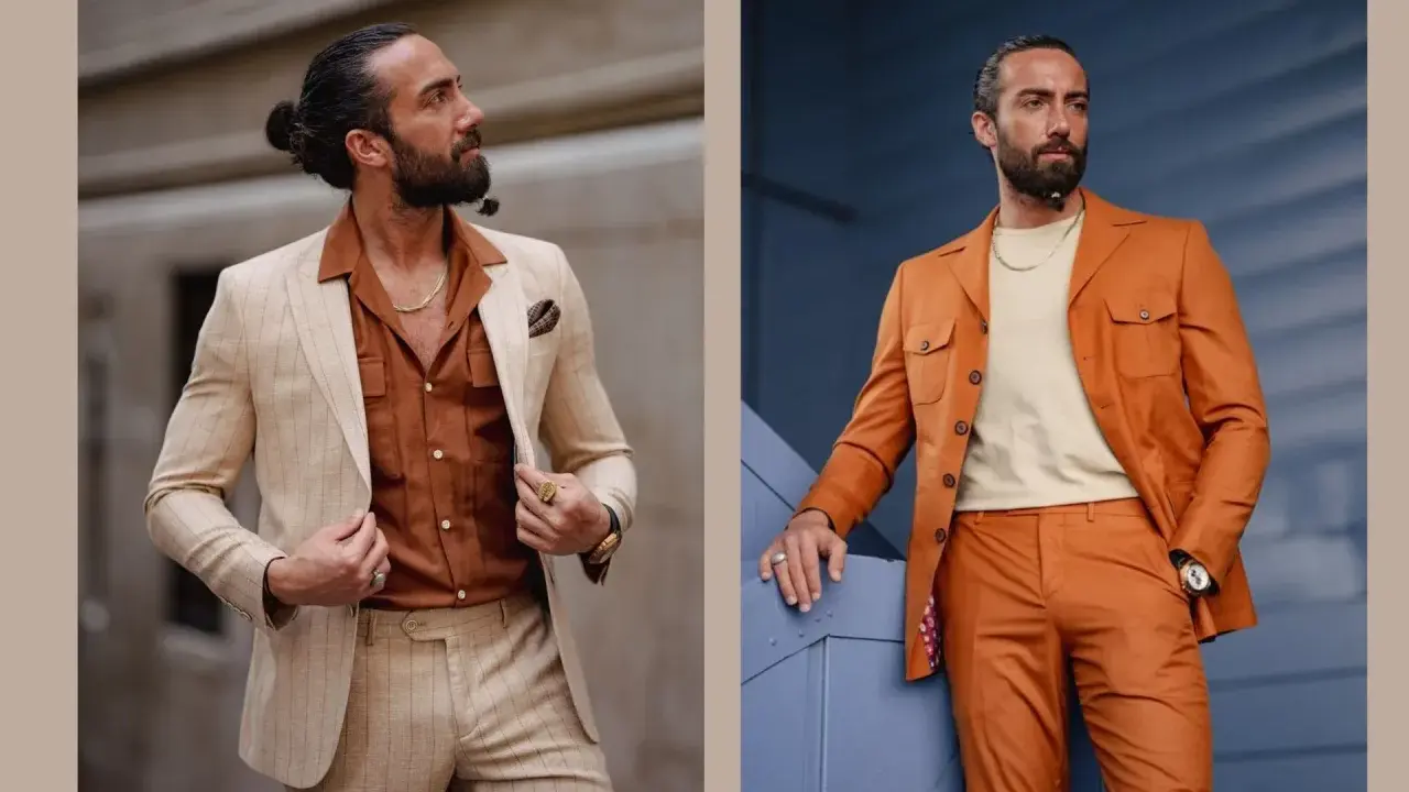 Man models two stylish summer suit colors: a light pinstripe and a vibrant orange.