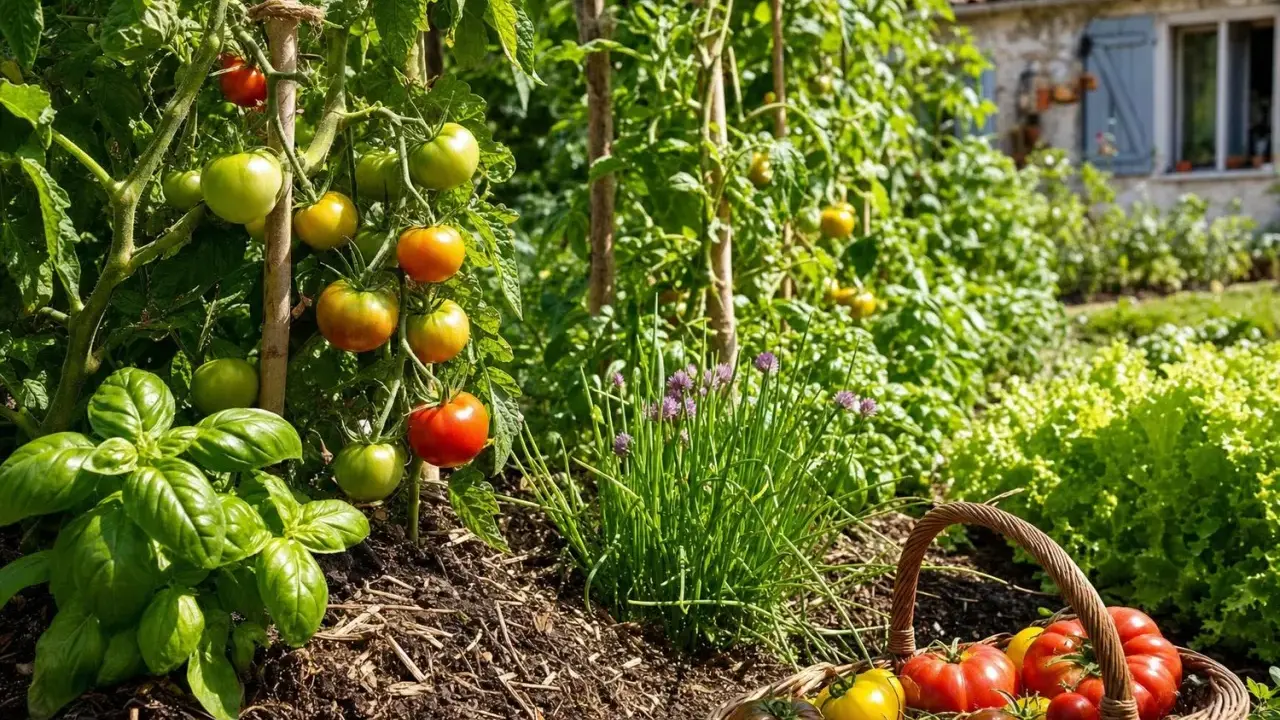 Un pied de tomate bien garni, avec des fruits rouges et verts, à côté d'un panier rempli de tomates mûres et de basilic frais.