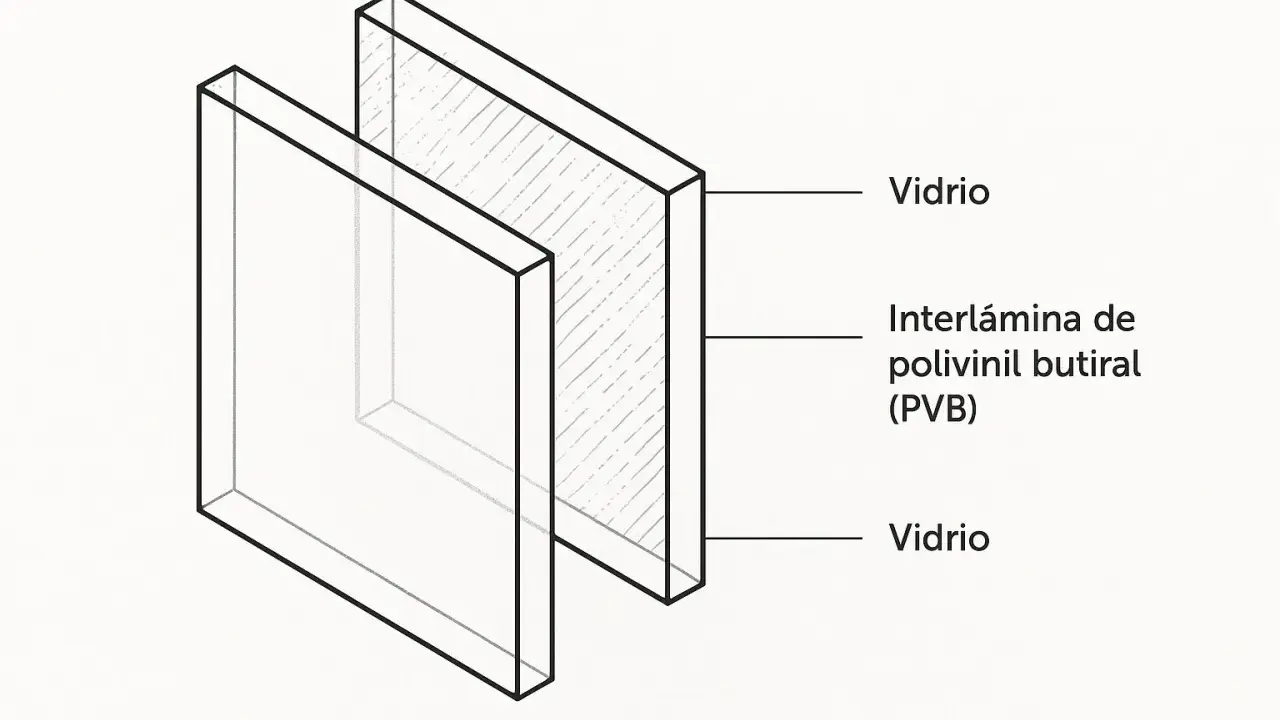 Corte transversal de vidrio laminado con interlámina de polivinil butiral (PVB).