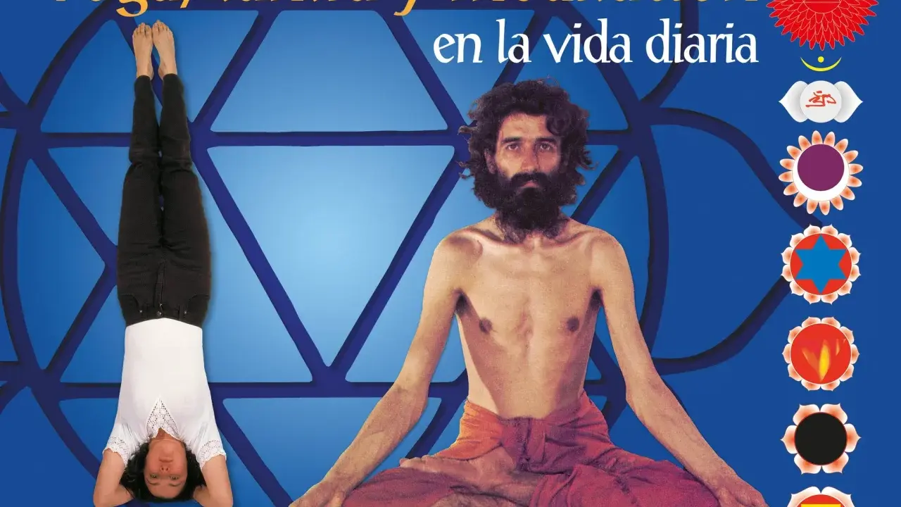 Man i meditation, kvinna i yogaställning. Texten "Yoga, tantra y meditación en la vida diaria" och "Swami Janakananda" syns.