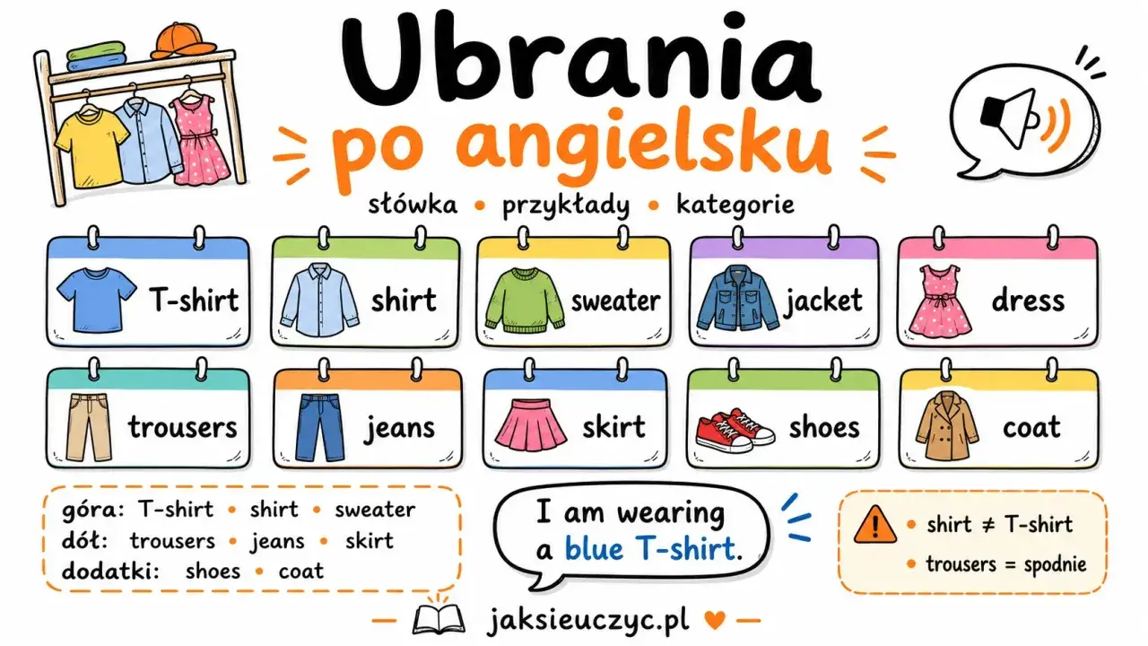 Ubrania po angielsku: T-shirt, shirt, sweater, jacket, dress, trousers, jeans, skirt, shoes, coat. "I am wearing a blue T-shirt.