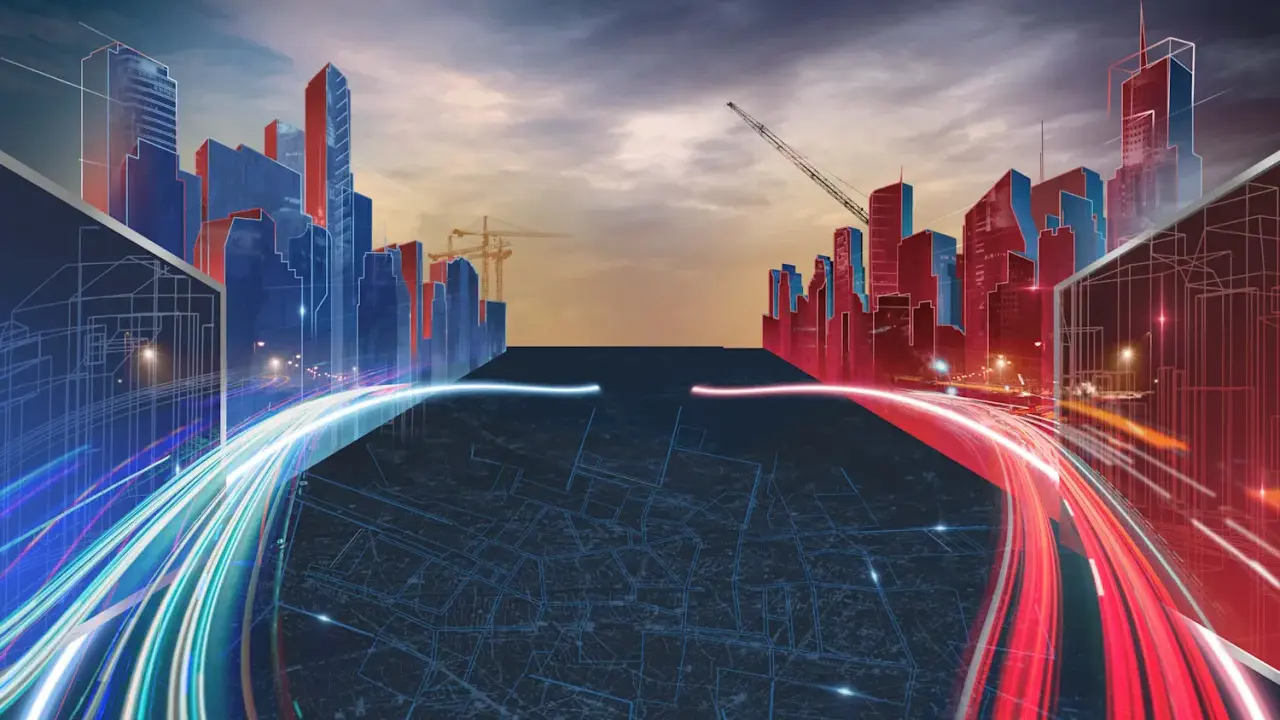 Futurystyczne miasto w budowie, z neonowymi światłami i liniami ruchu, jakby to była gra w budowę miasta.