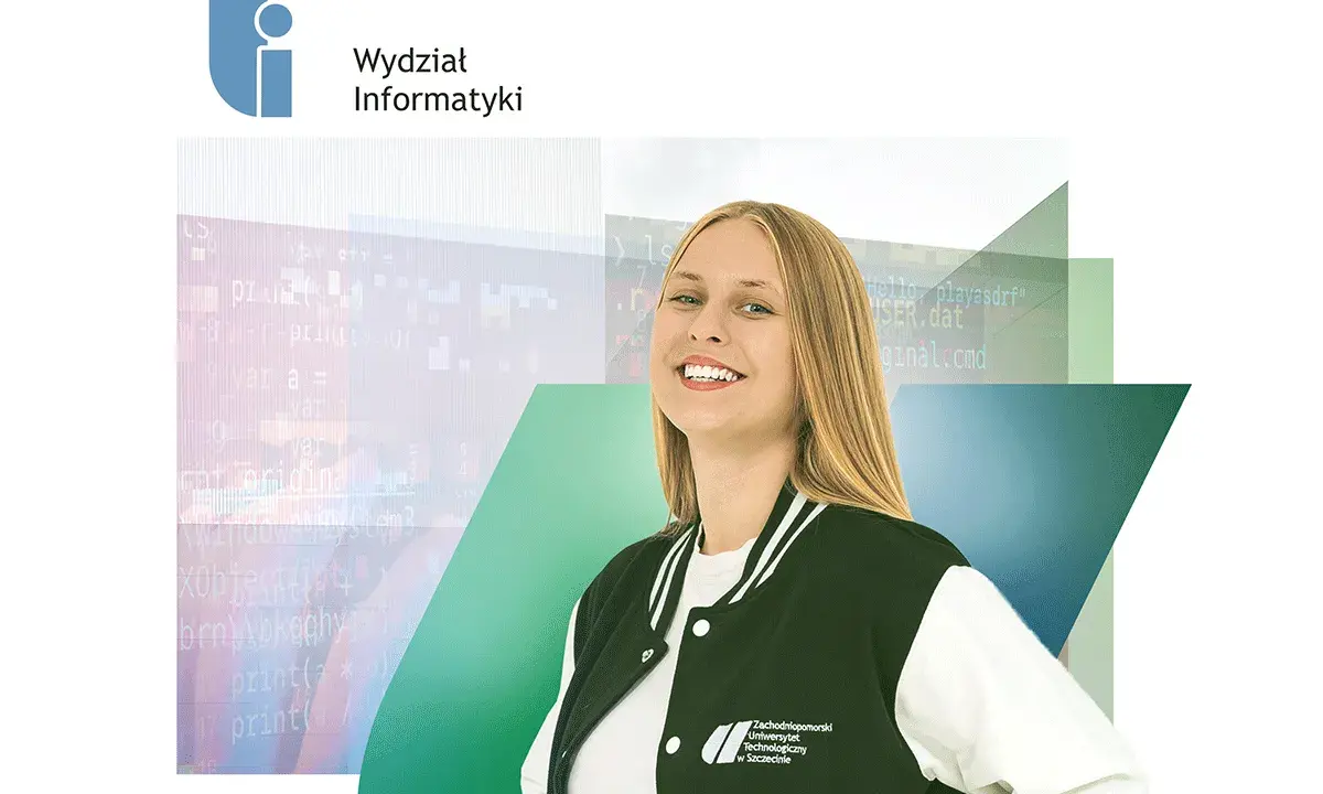 Uśmiechnięta studentka na tle kodu i logo Wydziału Informatyki. Rozpocznij studia informatyczne w Szczecinie!