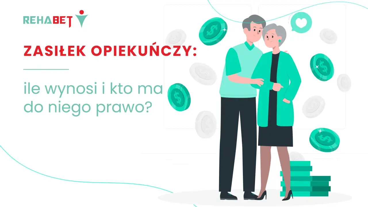 Zasiłek opiekuńczy nad starszą osobą: ile wynosi i kto ma do niego prawo? Ilustracja przedstawia parę seniorów i monety.