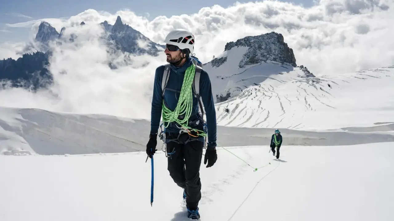Dwóch alpinistów na ośnieżonym szczycie. Jeden z nich, z czekanem w dłoni, pokazuje, jak dobrać czekan do wspinaczki.