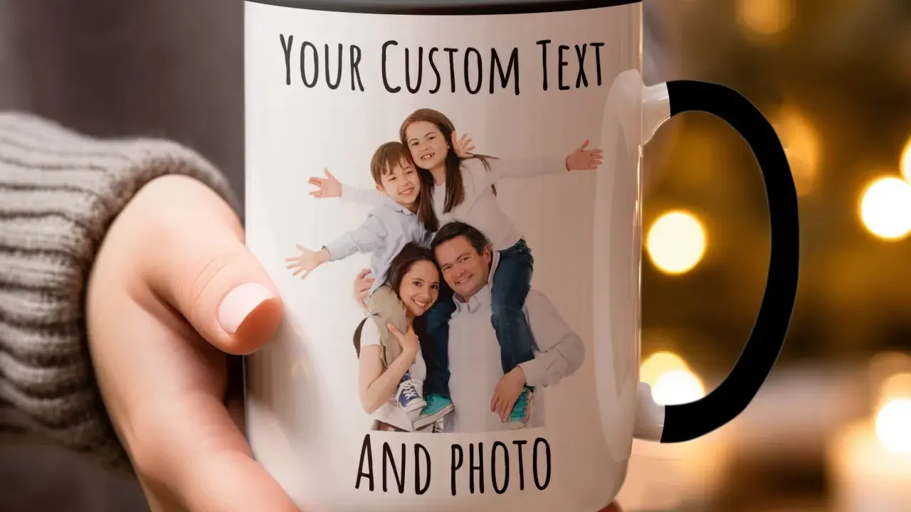 Biały kubek z czarnym uchem, z nadrukiem rodziny i tekstem "YOUR CUSTOM TEXT AND PHOTO".