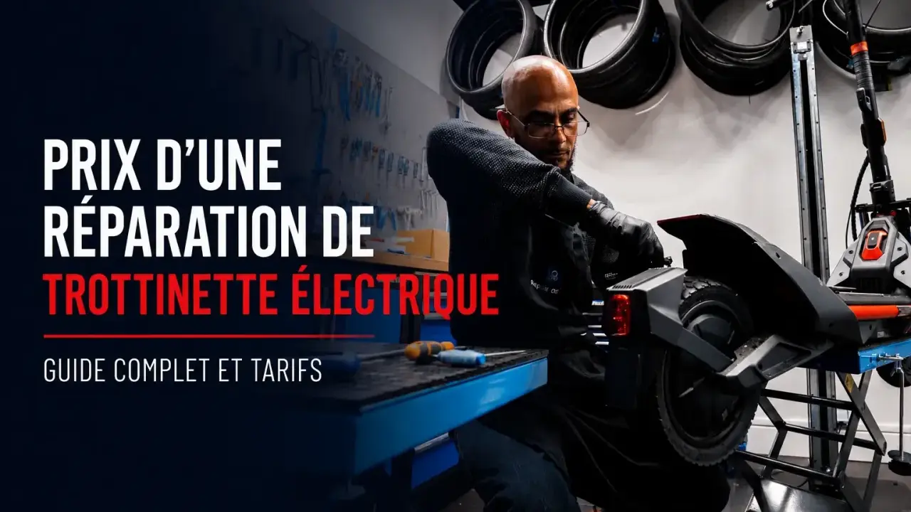 Un technicien répare une trottinette électrique. Le texte indique "Prix d'une réparation de trottinette électrique".