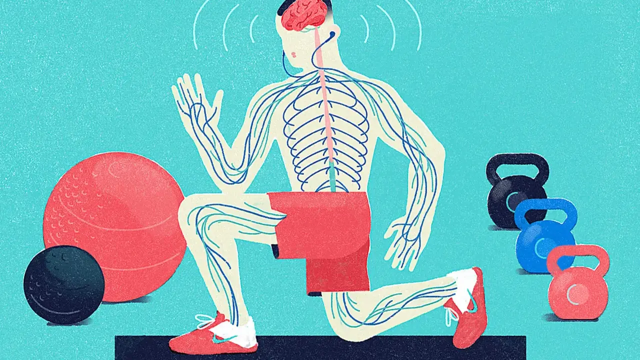 En person utför en utfall med synligt nervsystem, som en kroppsscanning. Träningsredskap som kettlebells och bollar finns i närheten.