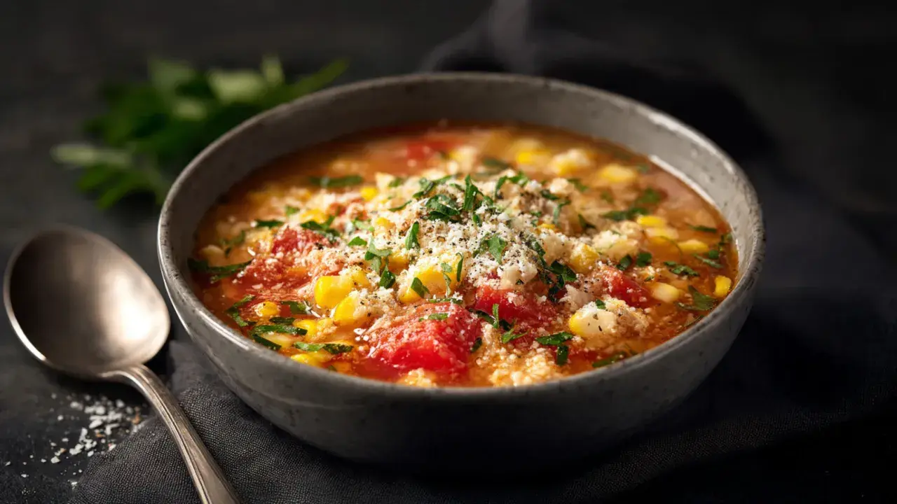 Herzhaftes Pizzasuppe Rezept: Tomaten, Mais und Kräuter in einer Schüssel, garniert mit Parmesan. Dazu eine Löffel.