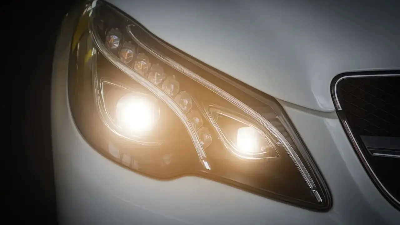 El **alumbrado de cruce** de un coche moderno ilumina la noche con sus potentes luces LED, listo para cualquier viaje.