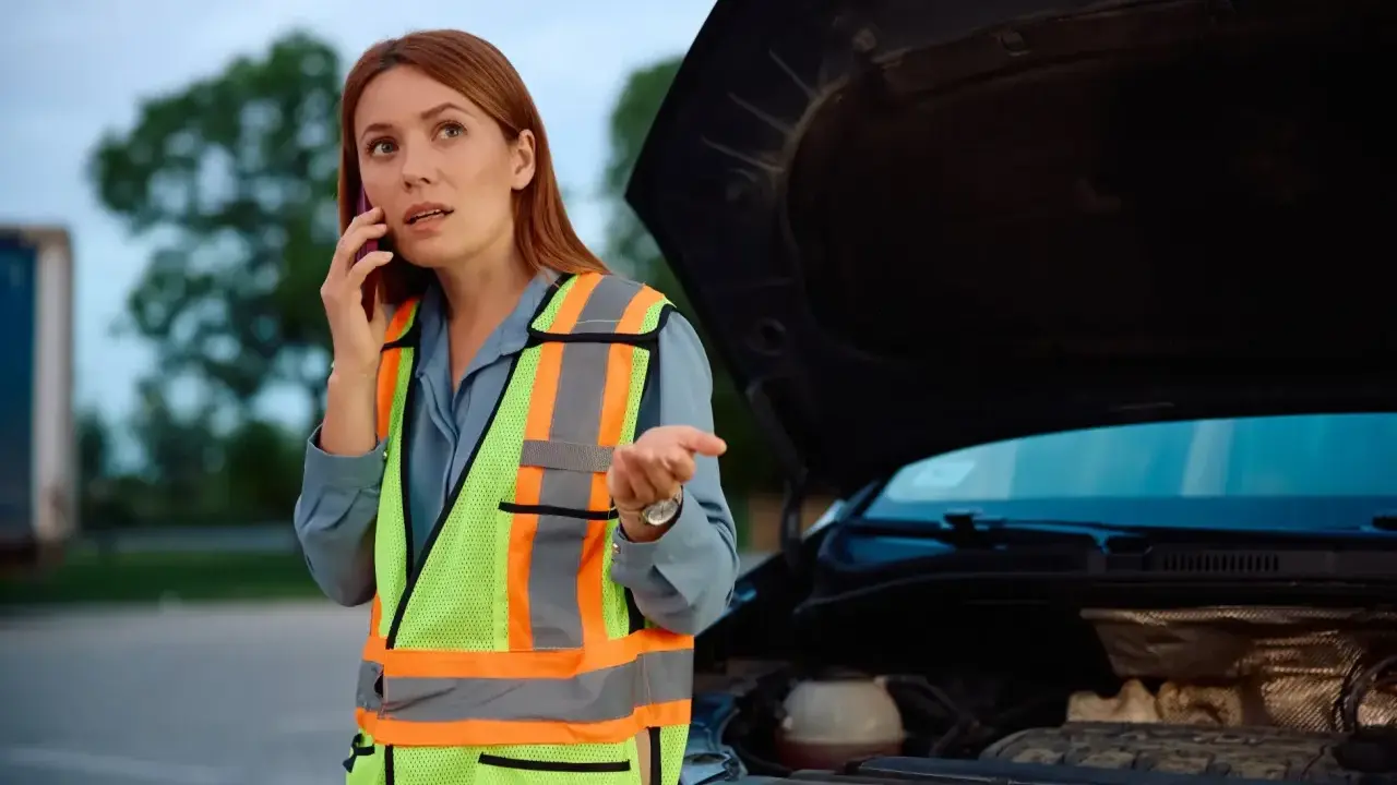 Kobieta w kamizelce odblaskowej rozmawia przez telefon przy otwartej masce samochodu. Jej rozbiegany diesel odmówił posłuszeństwa.