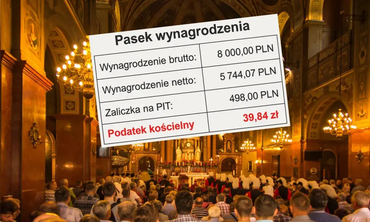 Pasek wynagrodzenia z kwotą 39,84 zł na podatek kościelny na tle wnętrza kościoła z wiernymi.