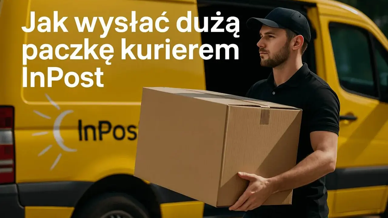 Kurier InPost z dużą paczką obok żółtego busa. Dowiedz się, jak wysłać dużą paczkę kurierem.