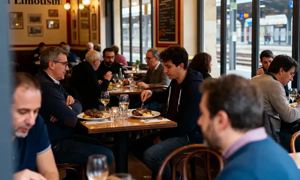 Des clients dînent dans une brasserie de gare, avec des assiettes de viande et des verres de vin sur la table.
