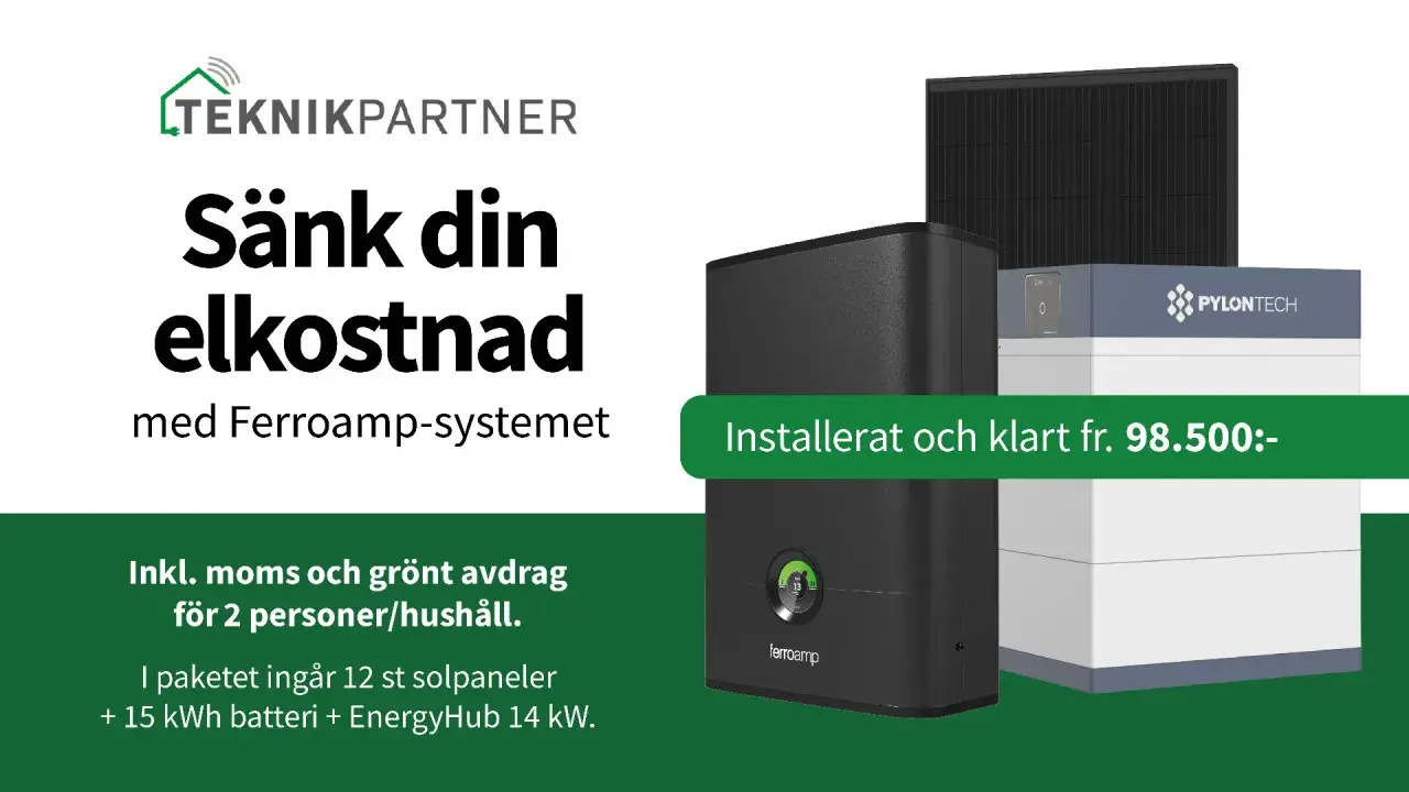 Sänk elkostnaden med Ferroamp-systemet. Solpaneler, batteri och EnergyHub för nordpolen energi. Installerat och klart fr. 98.500:-.