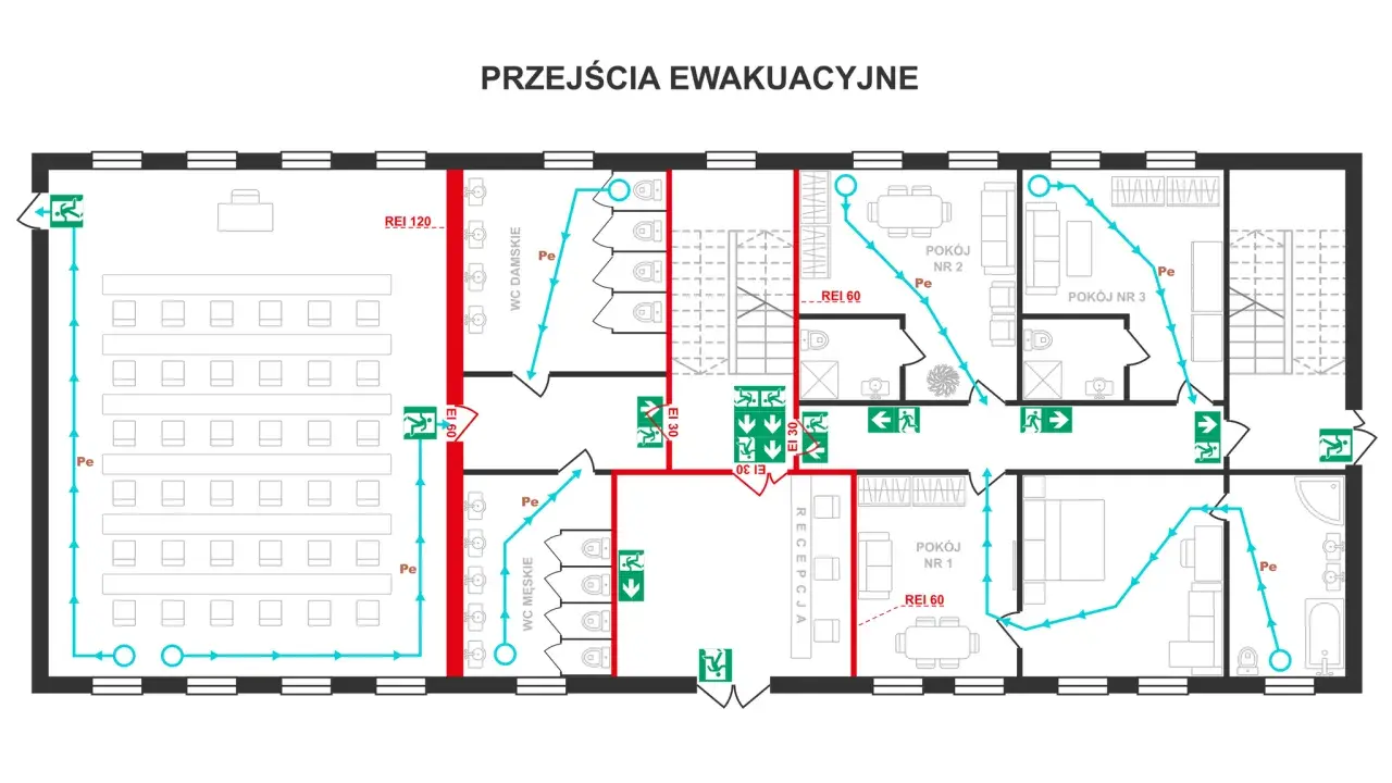 Plan ewakuacyjny z zaznaczonymi drogami ucieczki. Widać tu sale, toalety, recepcję i pokoje.