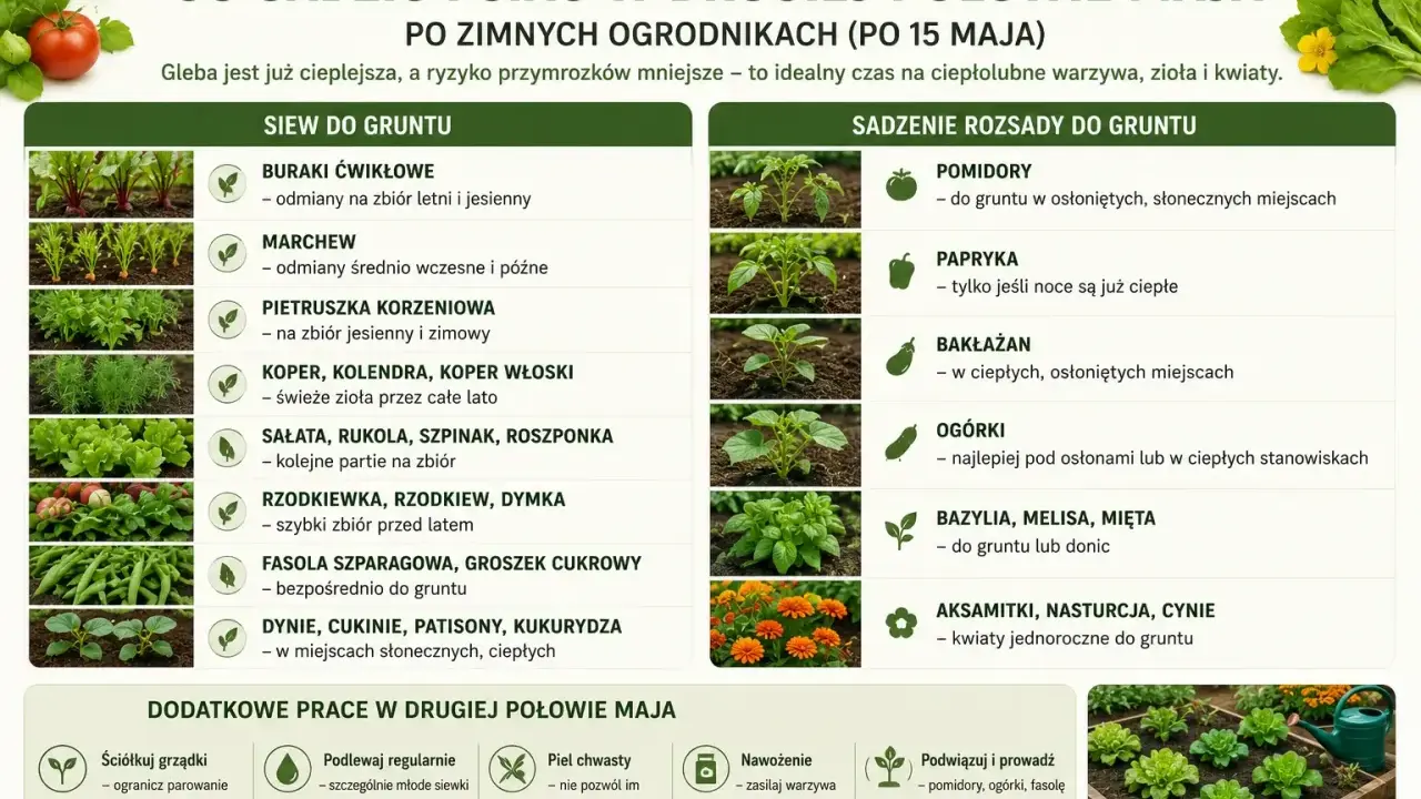 Po zimnych ogrodnikach (po 15 maja) siej buraki, marchew, zioła, sałatę, fasolę, dynie. Sadź pomidory, paprykę, bakłażany, ogórki, bazylię.