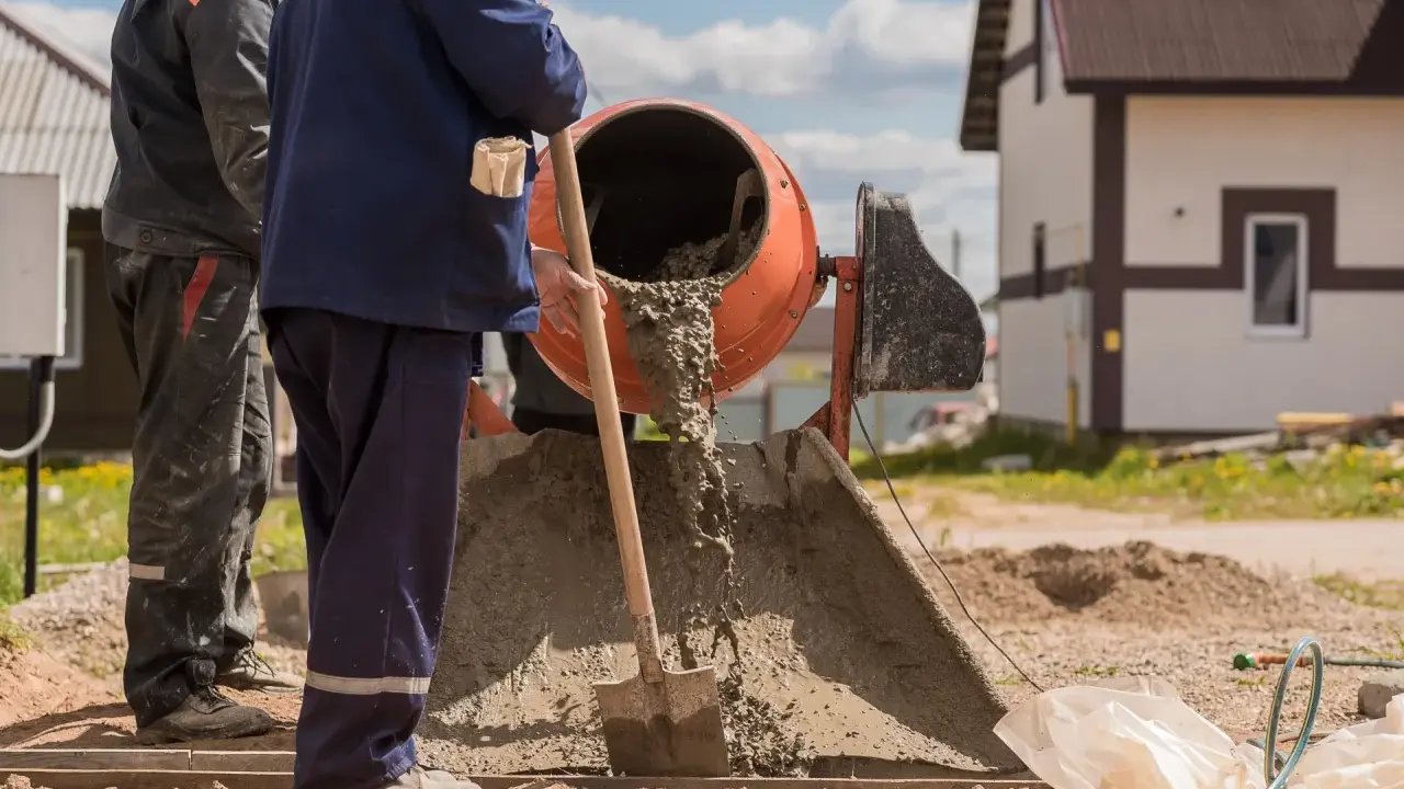 Robotnicy mieszają beton. Widać, ile piasku na worek cementu potrzeba do uzyskania odpowiedniej konsystencji.