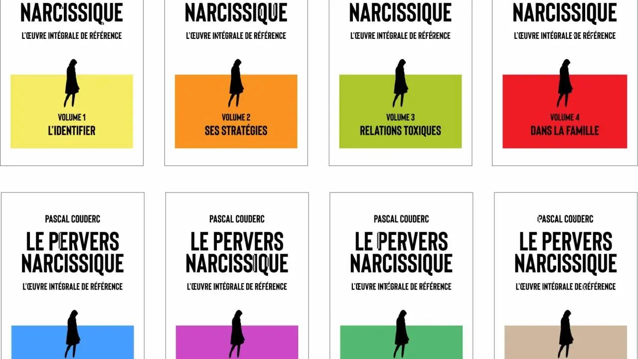 Les 8 volumes de "Le Pervers Narcissique" de Pascal Couderc, abordant l'identification, les stratégies, les relations toxiques, la famille, la victime, la sortie, la reconstruction et les témoignages.