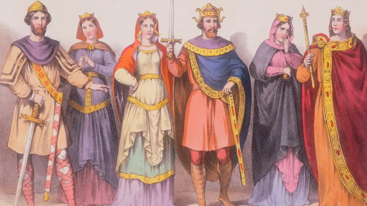 Sechs Figuren in historischen Gewändern, darunter Männer und Frauen mit Kronen und Schwertern. Ein Herzog und ein Graf könnten hier den Unterschied in ihrer Kleidung zeigen.