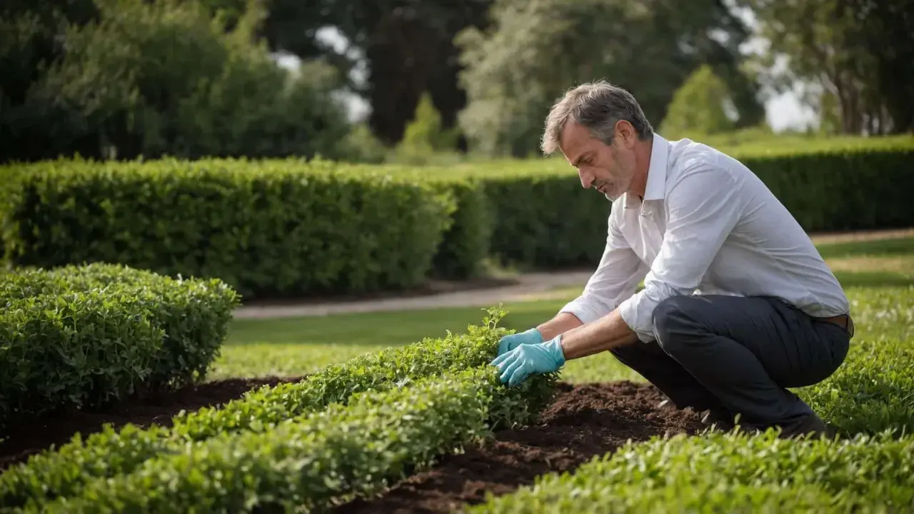 Un homme en chemise blanche et gants bleus s'occupe de l'entretien de son jardin, taillant des buissons.