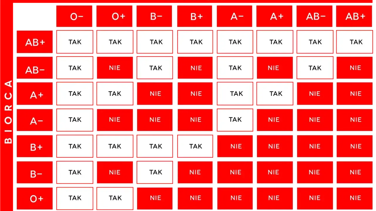 Tabela pokazuje, jakie grupy krwi nie mogą mieć razem dzieci. Wiele kombinacji jest niemożliwych, np. A- z B+.