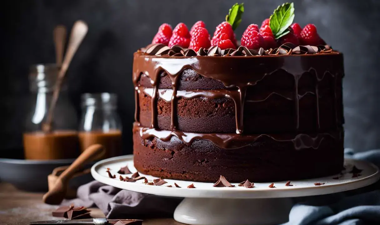 Un délicieux layer cake chocolat, nappé de glaçage brillant et garni de framboises fraîches. Un rêve gourmand !