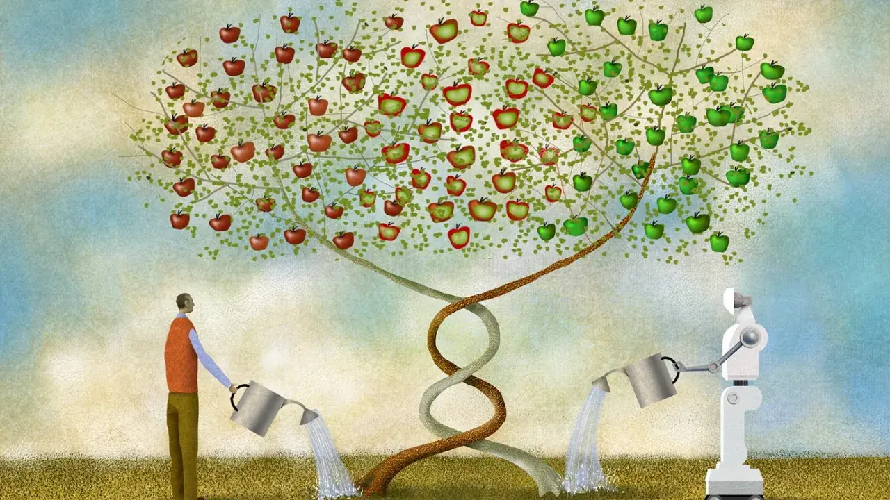 Mensch und Roboter gießen einen DNA-Baum mit Äpfeln. Symbolisiert die **evolution mensch zukunft** durch Technologie und Genetik.