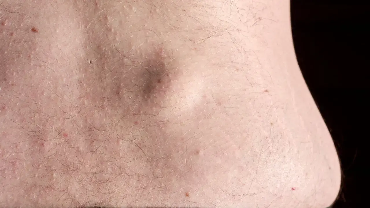 Gros plan sur la peau du ventre, parsemée de petits boutons blancs et de quelques rougeurs. Un petit bouton sur le ventre qui ne gratte pas est visible au centre.