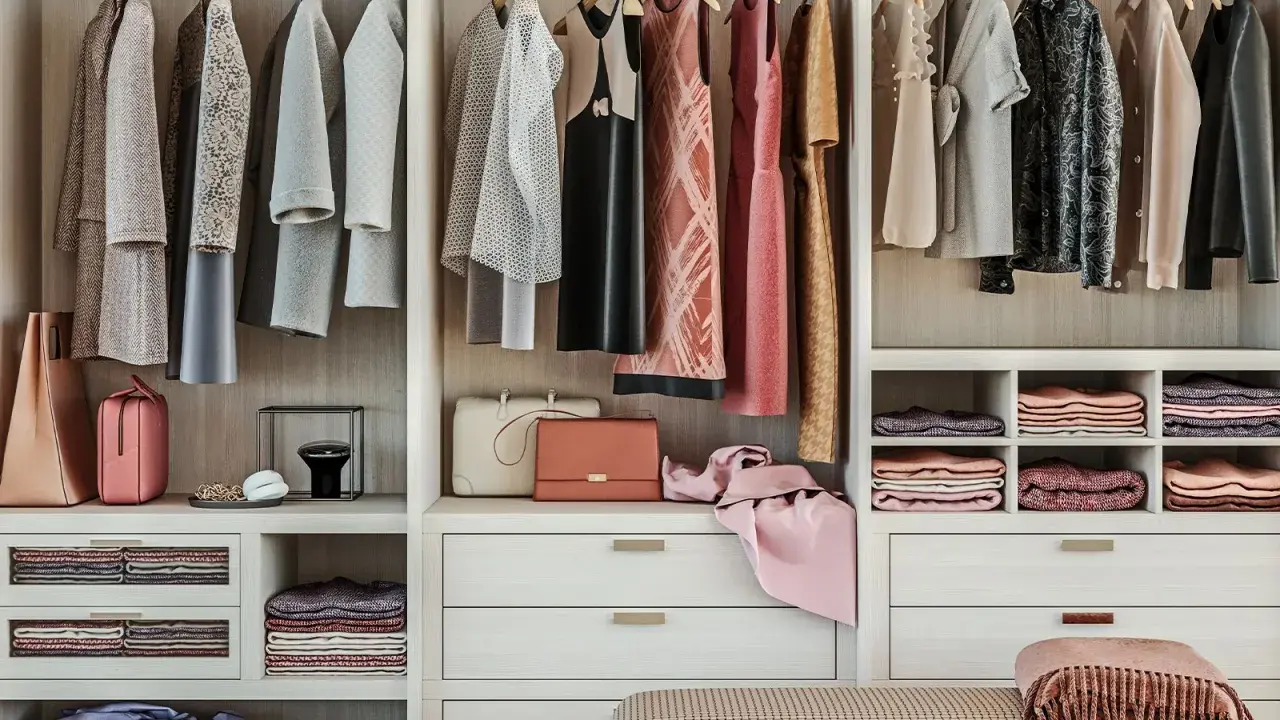 Ordentliche Kleiderstange mit Kleidern, Taschen und gefalteten Textilien. Eine Inspiration für dein eigenes Kleiderschrank basteln vorlage.