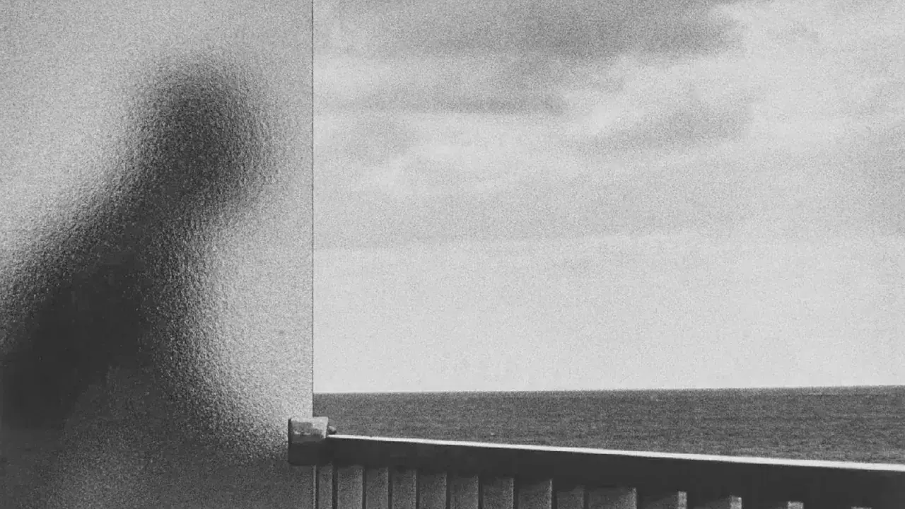 A silhouette of a person, reminiscent of a Peter Fetterman photograph, looks out at the ocean from behind a frosted glass.