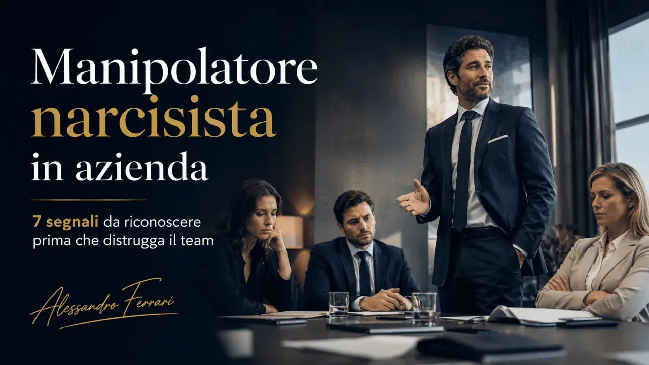 Uomo d'affari carismatico parla a un team, ma il suo sguardo suggerisce un partner narcisista che manipola. 7 segnali per riconoscerlo.
