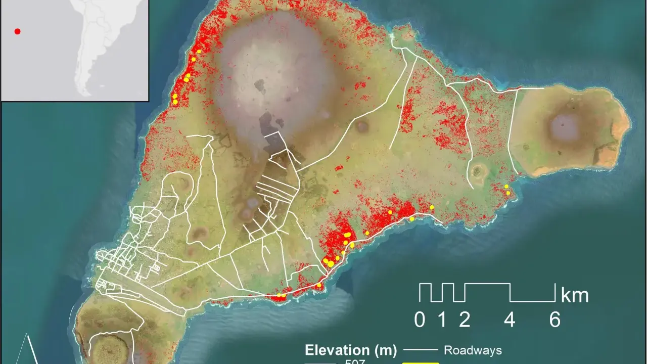 Mapa pokazuje, gdzie są Wyspy Wielkanocne, z zaznaczonymi ogrodami skalnymi (żółte i czerwone punkty) i drogami.