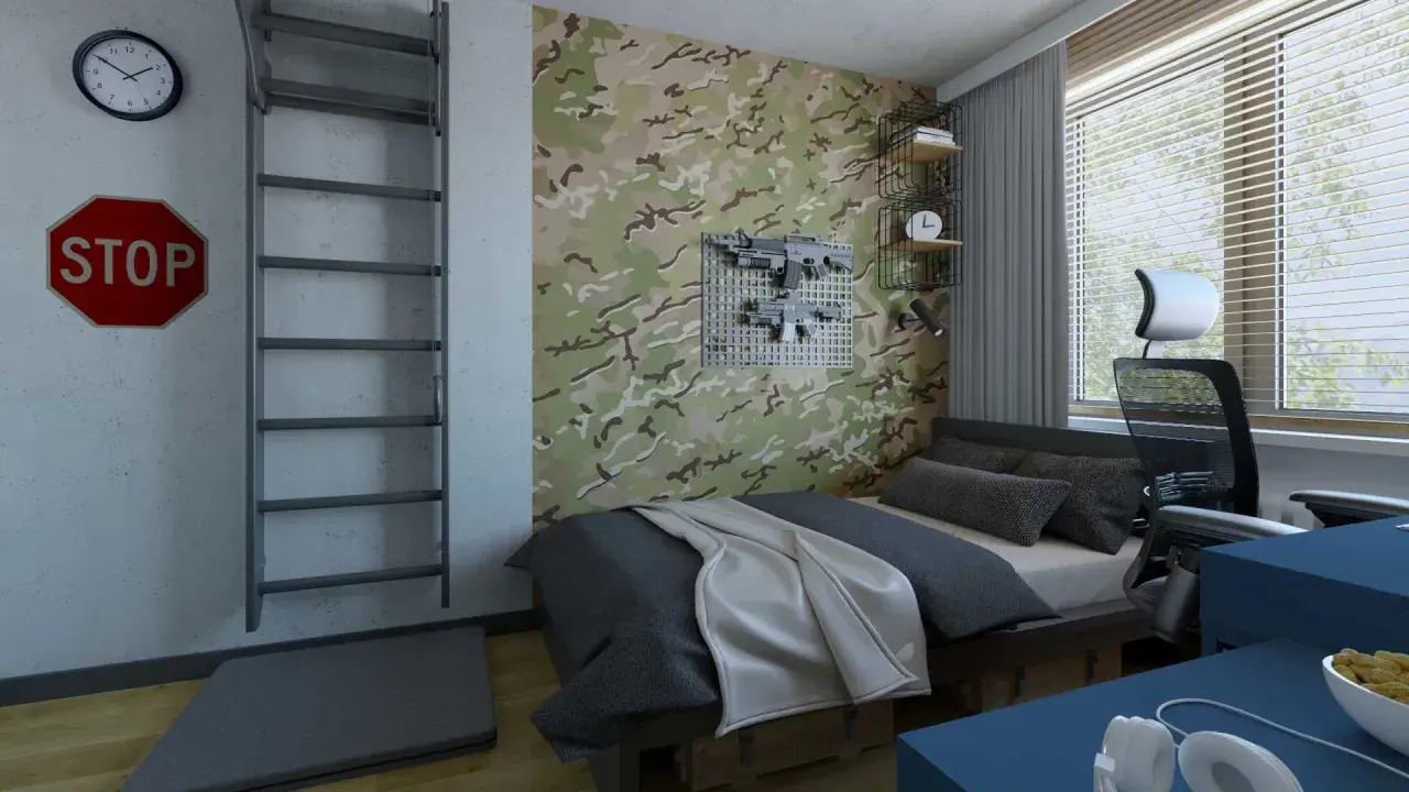 Pokój młodzieżowy z tapetą moro, łóżkiem, biurkiem i dekoracjami w stylu militarnym.