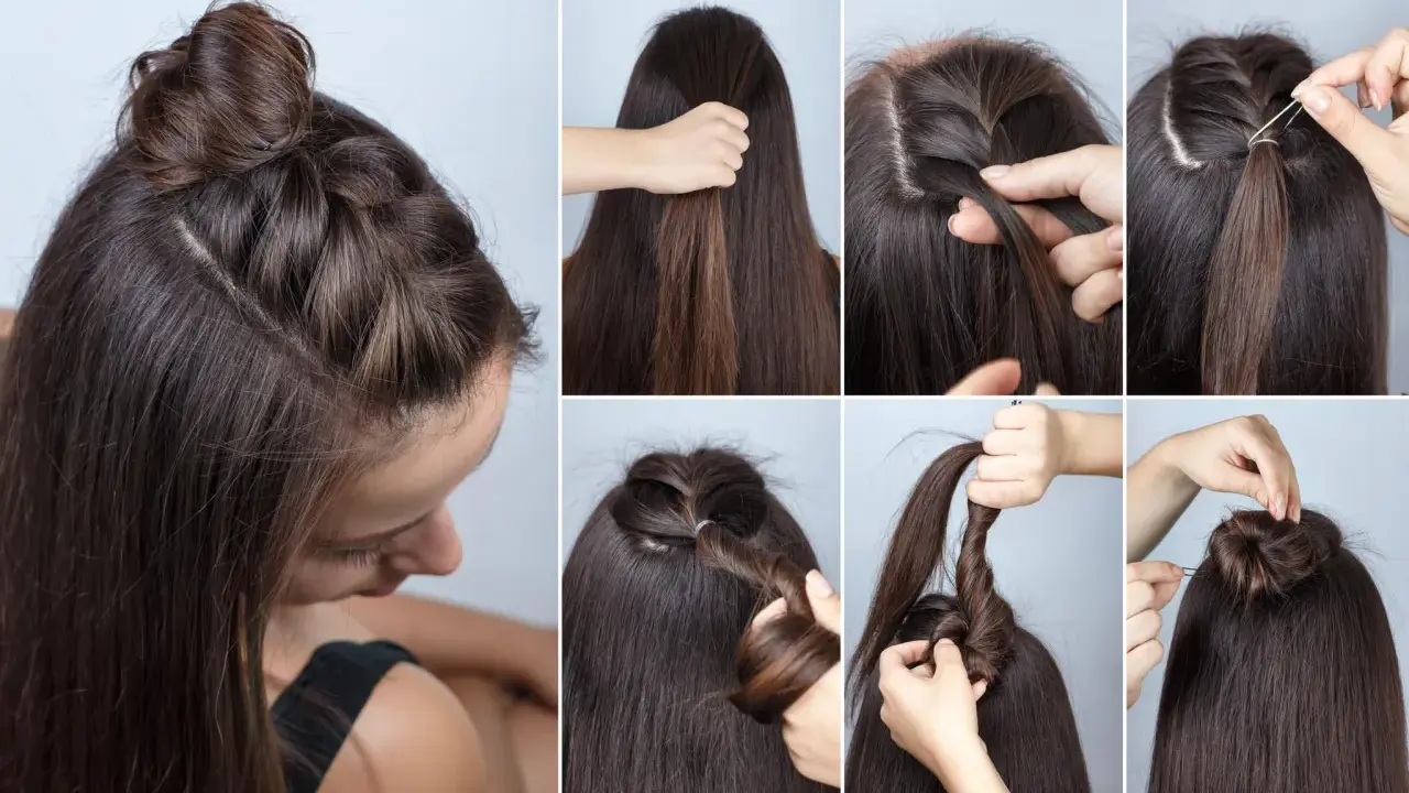 Schritt-für-Schritt-Anleitung für **flechtfrisuren einfach**: Ein süßer Half-Bun mit seitlichem Zopf, der im Handumdrehen gelingt.