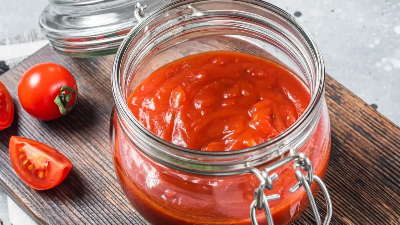 Domowy passata pomidorowa przepis. Słoik pełen gęstego sosu pomidorowego, obok świeże pomidory na desce.