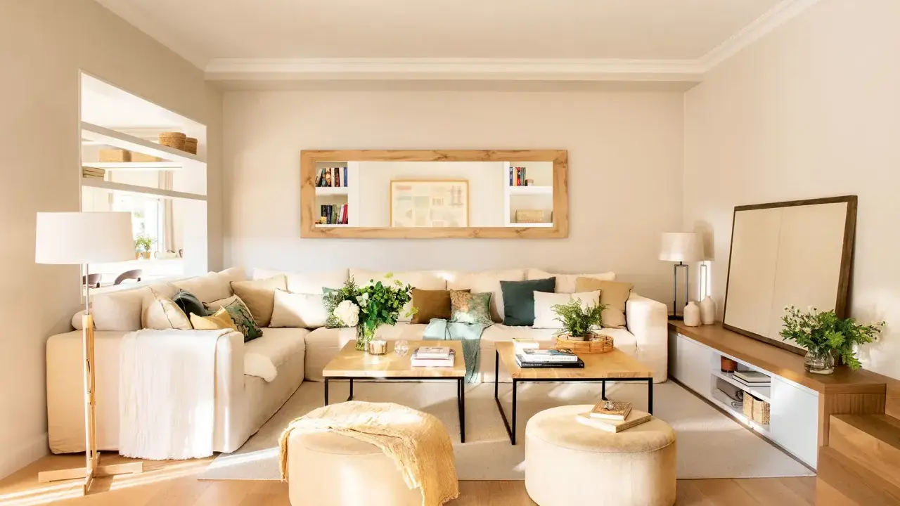 Salones con espejos encima del sofá, creando un ambiente luminoso y espacioso.