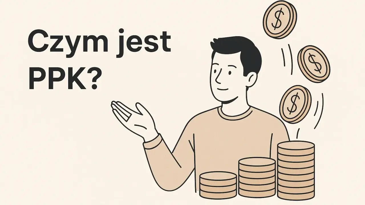 Mężczyzna z monetami w tle i napisem "Czym jest PPK?". Ilustracja wyjaśnia, co to jest PPK.