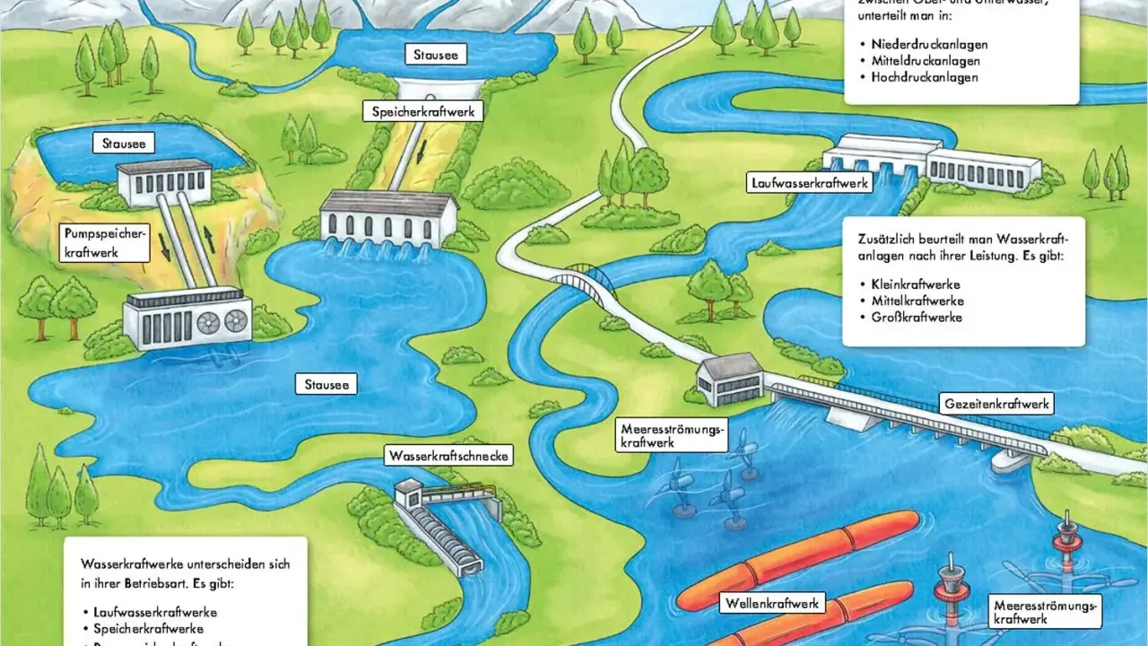 Illustration zeigt, was ist Wasserkraft: verschiedene Kraftwerke (Speicher, Lauf, Pumpen, Gezeiten, Wellen) nutzen Wasser zur Energiegewinnung.